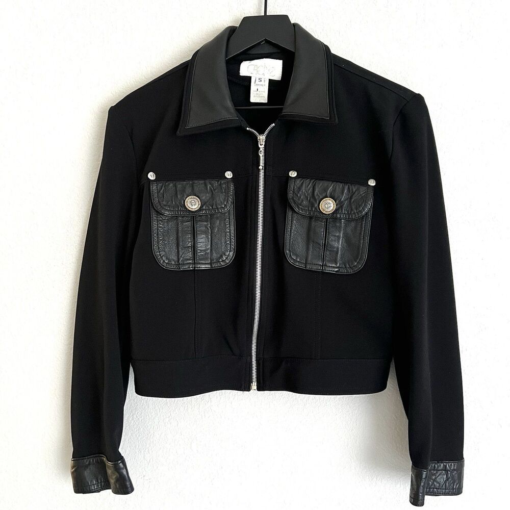 Vintage Caché Womens Leather Trim Cropped Jacket Size Small Black